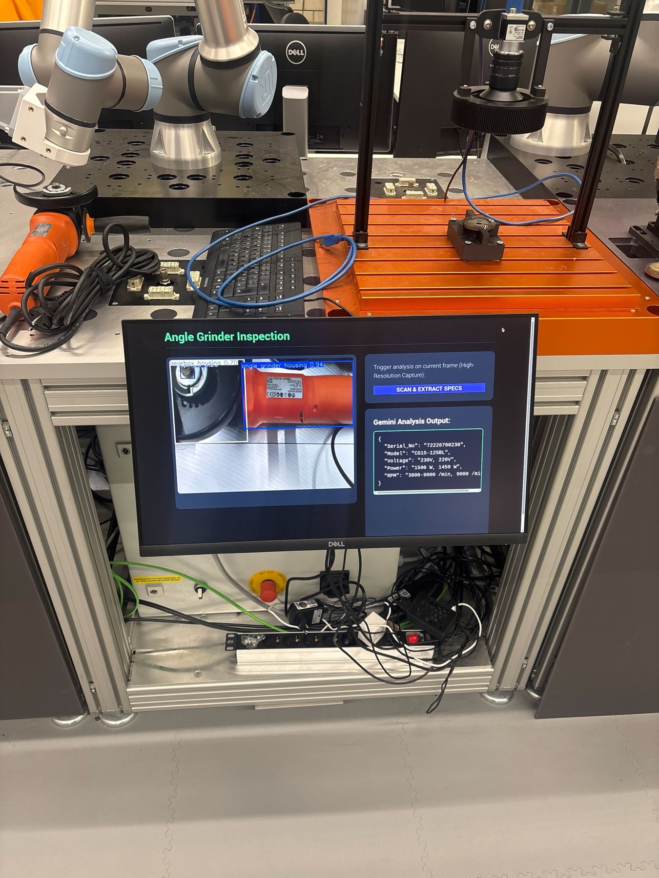 Angle grinder inspection interface running beside the robot cell